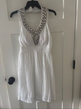 Boston Proper White Mini Dress with Jeweled V-Neck halter collar